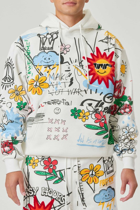 All-over Hand Drawing & Chenille Patch Hoodie - White