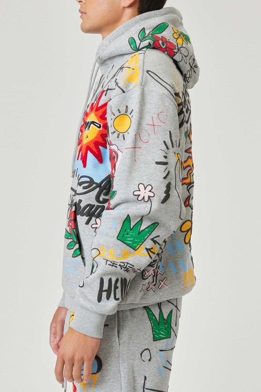All-over Hand Drawing & Chenille Patch Hoodie - Grey