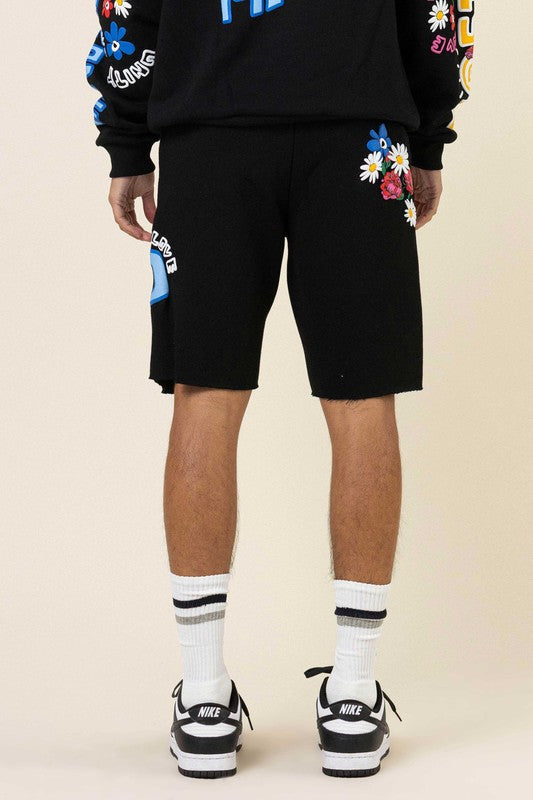 Flower Puff Print Shorts - Black