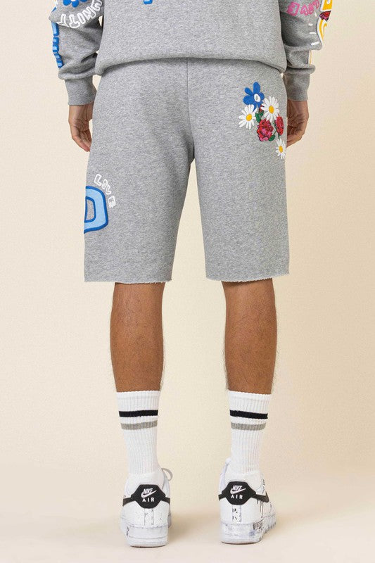 Flower Puff Print Shorts - Grey