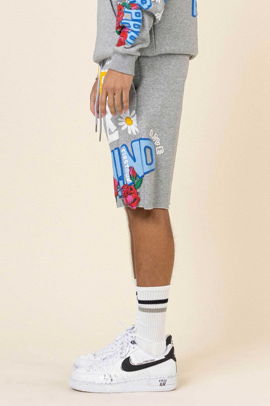 Flower Puff Print Shorts - Grey