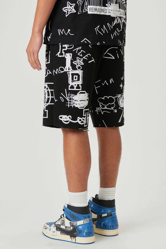 All Over Doodling Puff Print Shorts - Black