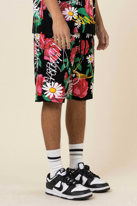 All Over Rose Bloom Print Shorts - Black