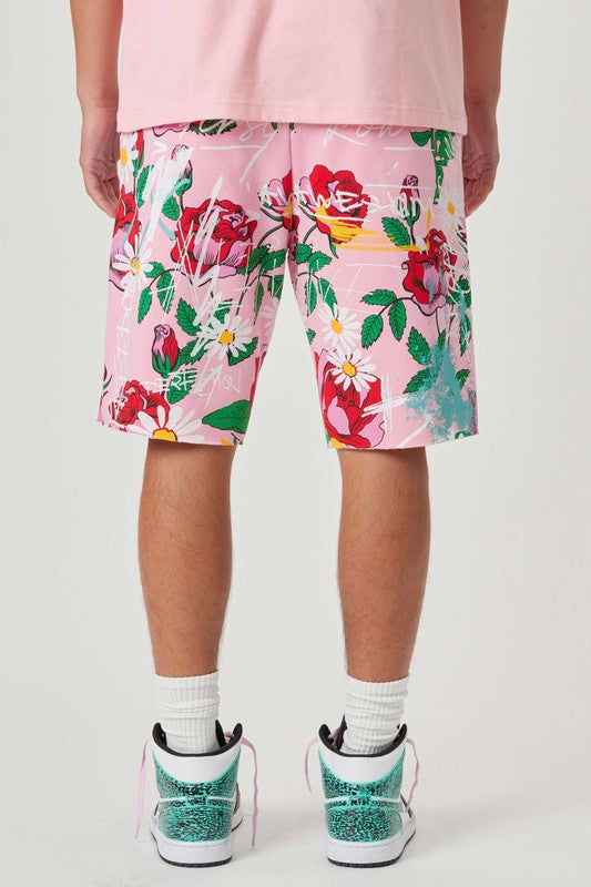 All Over Rose Bloom Print Shorts - Pink