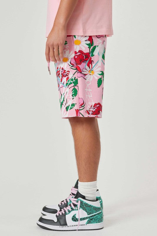 All Over Rose Bloom Print Shorts - Pink