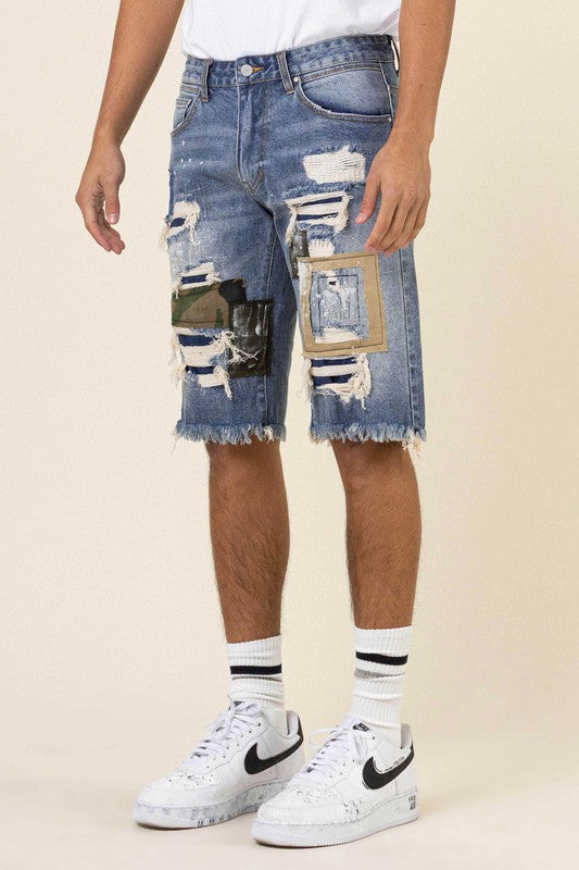 Camo & Twill Patched  Rip & Repair Denim Shorts