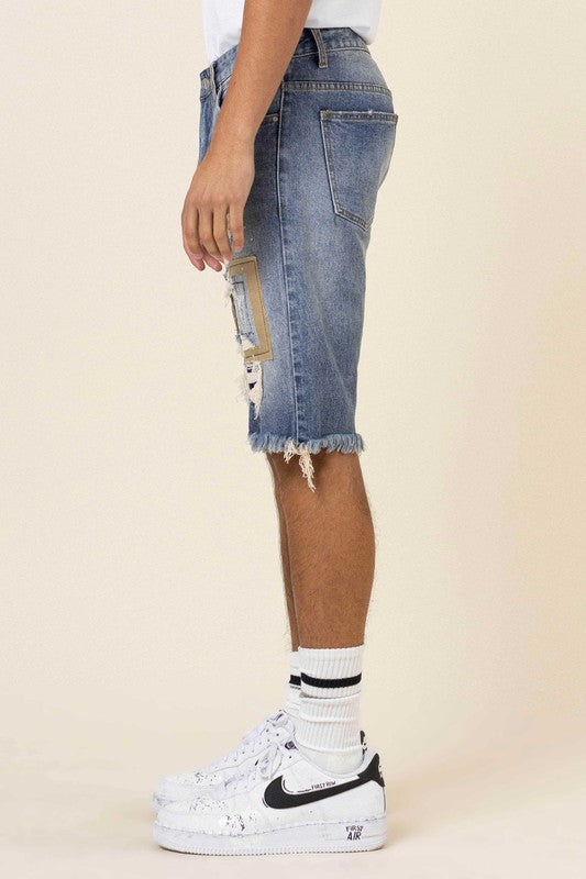 Camo & Twill Patched  Rip & Repair Denim Shorts