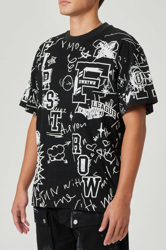 All Over Doodling Puff Print Tee - Black