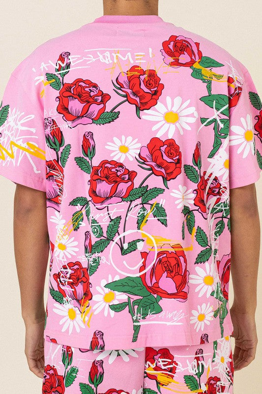 All Over Rose Bloom Print Tee - Pink