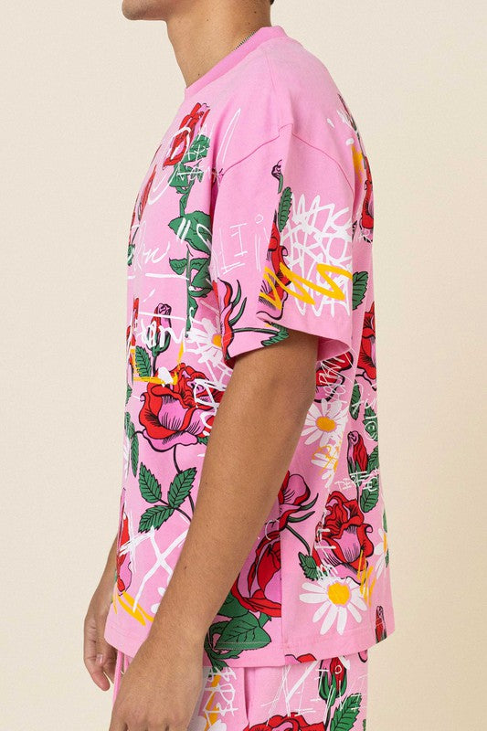 All Over Rose Bloom Print Tee - Pink
