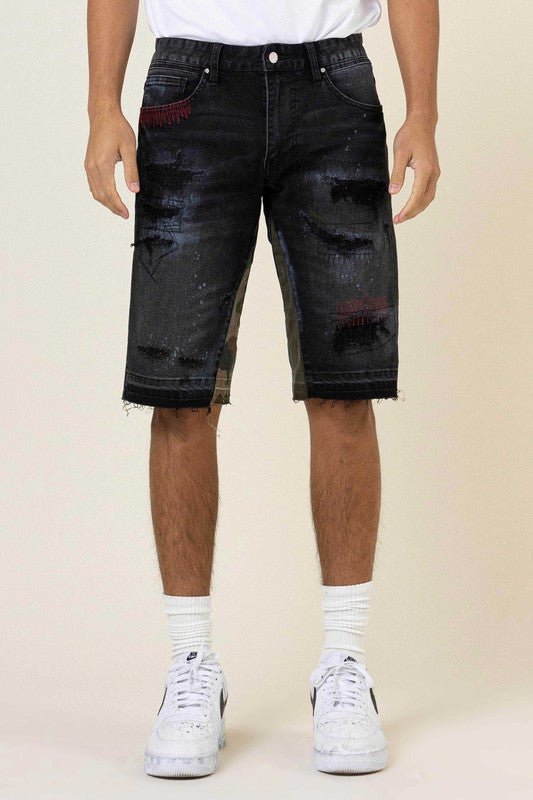 Multi Camo Paneled Released Hem Denim Shorts - Black