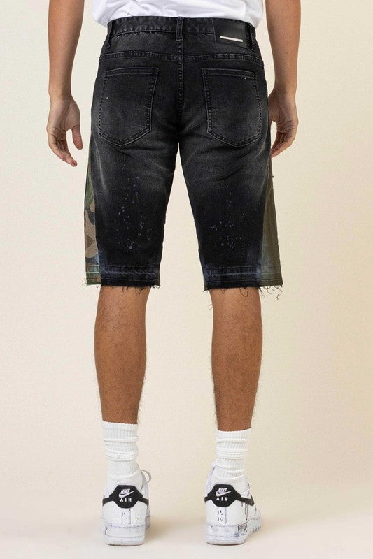 Multi Camo Paneled Released Hem Denim Shorts - Black