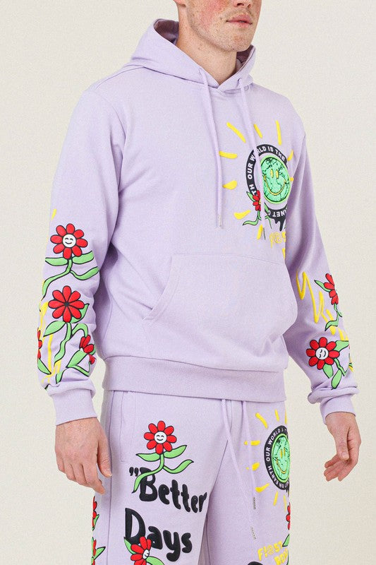 Flower Graphic Terry Pullover - Pink (Hoodie ONLY)