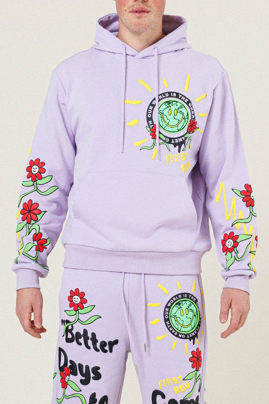 Flower Graphic Terry Pullover - Pink (Hoodie ONLY)