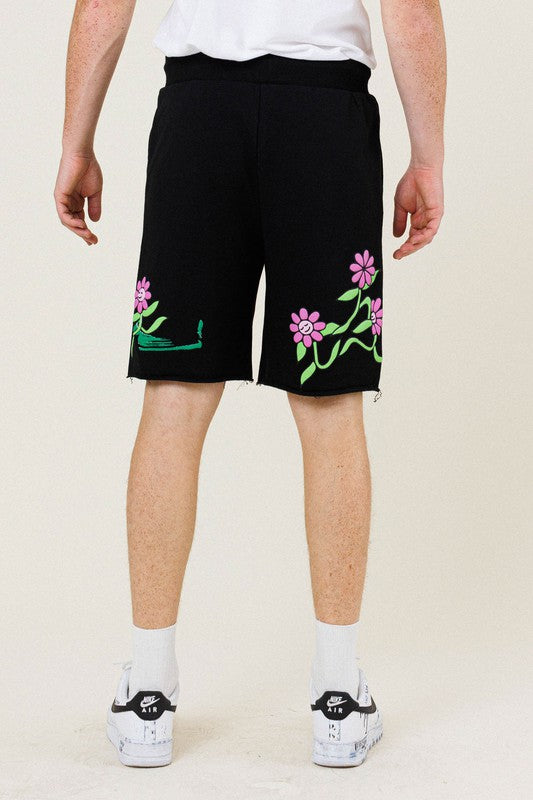 Flower Graphic Terry Shorts - Black