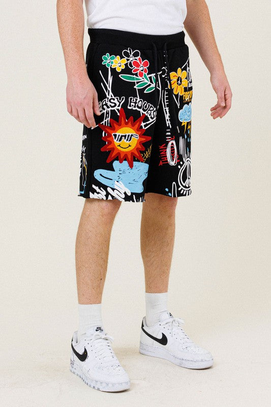 "Easy Hour" Graphic Terry Shorts - Black