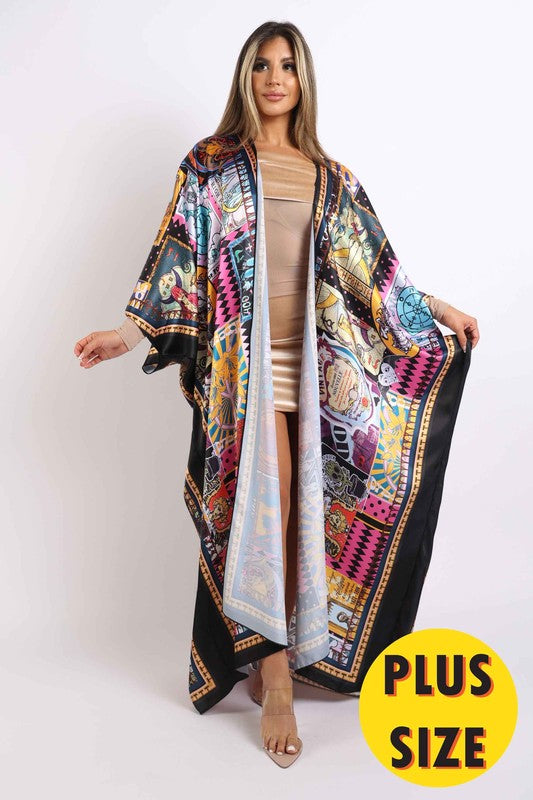 Plus Printed Satin Maxi Kimono