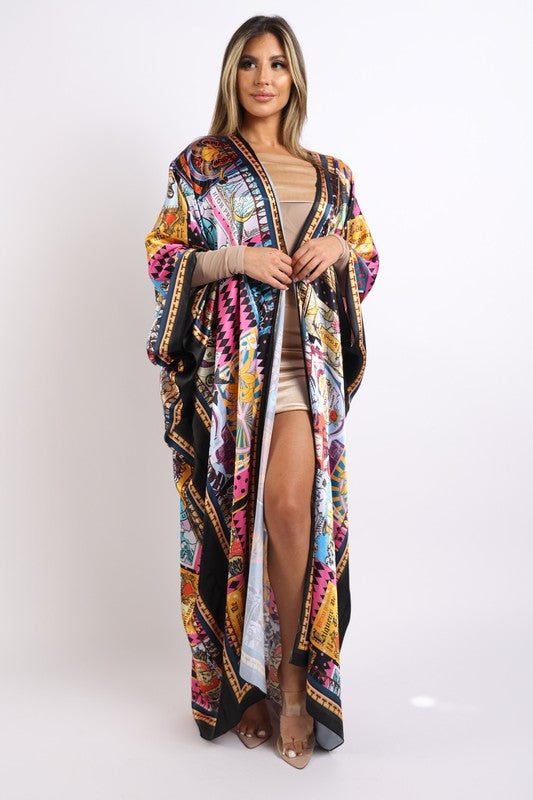 Plus Printed Satin Maxi Kimono