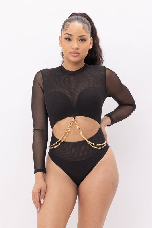 Front Cut Out With Chain Detail Back Zipper Bodysuit