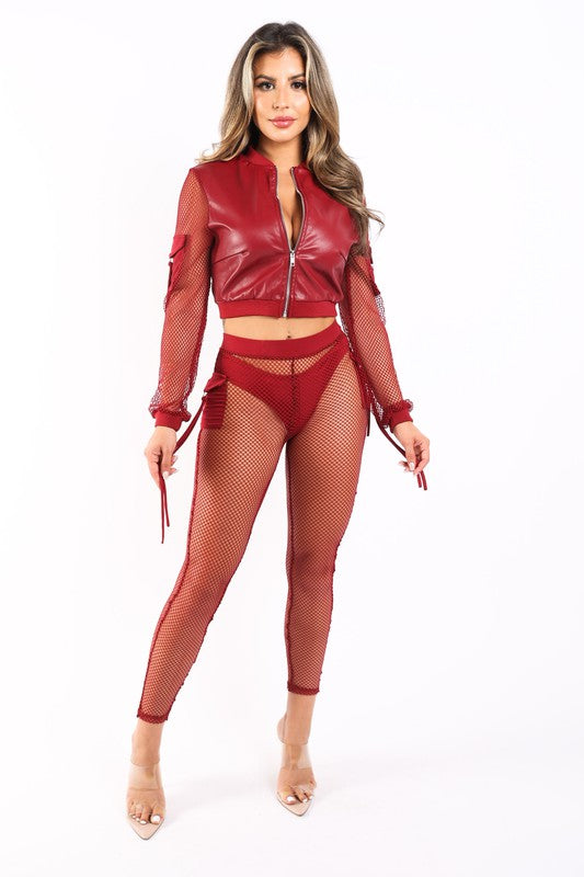 Fishnet and Faux Leather Pant Set