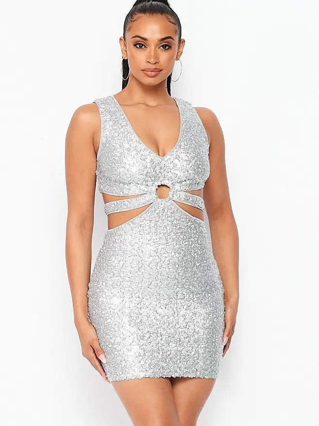 Silver Heart Sequined Mini Dress